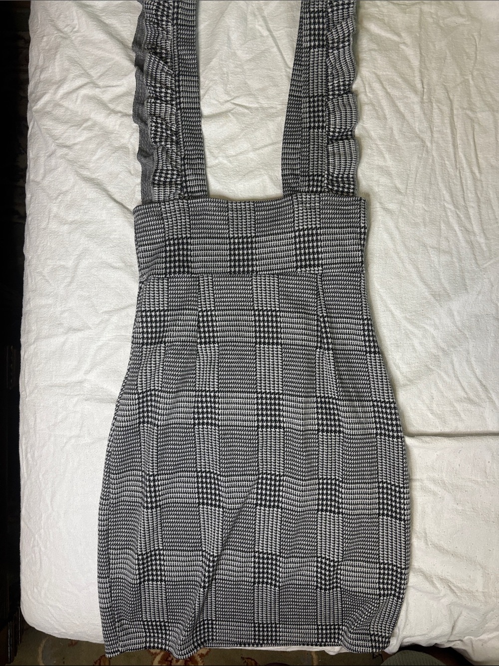 Checked Black and White Pinafore Dress with Ruffled Straps